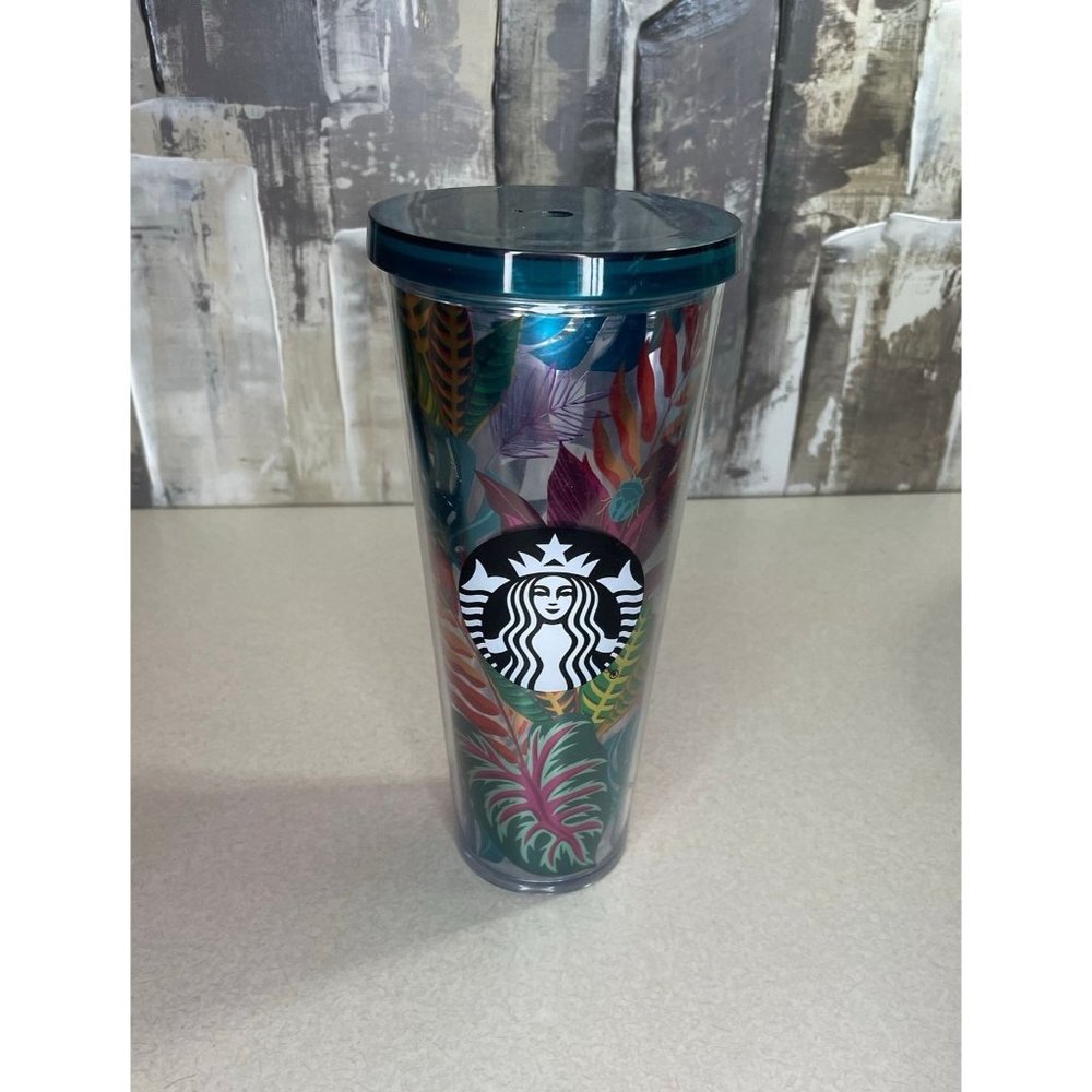 Starbucks Venti Cold Cup Tumbler Metallic Tropical Floral 24 oz No Straw